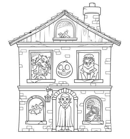 Haunted House With Characters Coloring Page